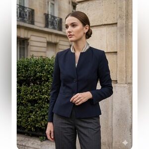 Ann Taylor Petite Navy Blue Peplum Blazer Sz 2P Collarless Business Suit Jacket